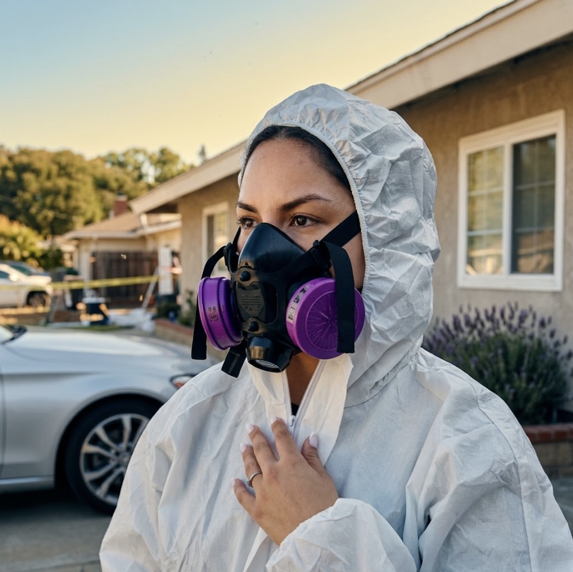 Environmental testing technician in protective equipment on site